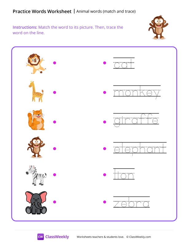 Animal words (match and trace) - Monkey worksheet preview