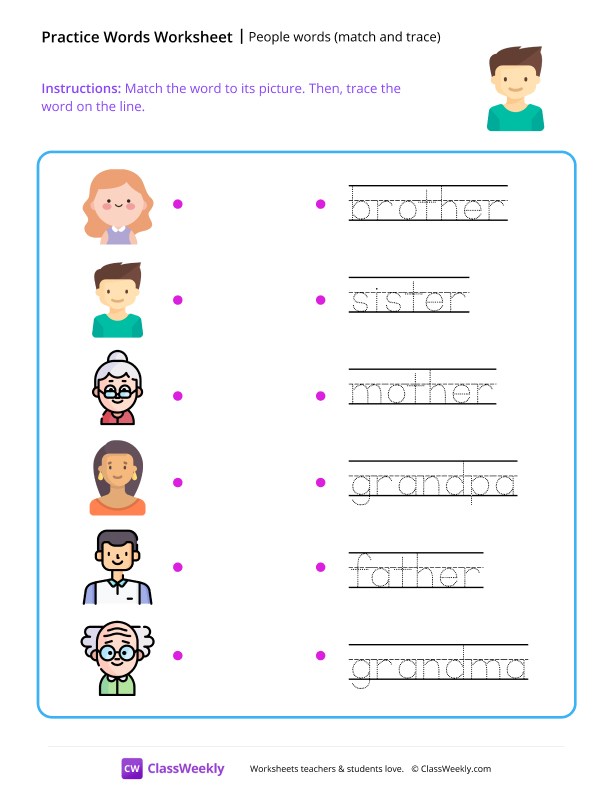 People words (match and trace) - Tommy Boy worksheet preview