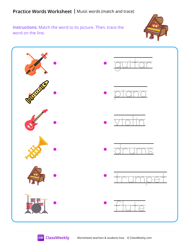 Music words (match and trace) worksheet preview