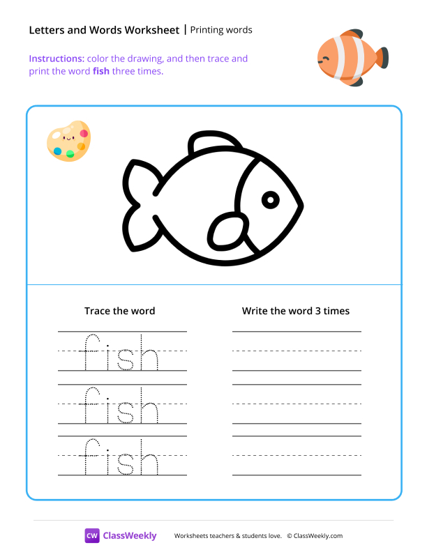 Printing words - Fish worksheet preview
