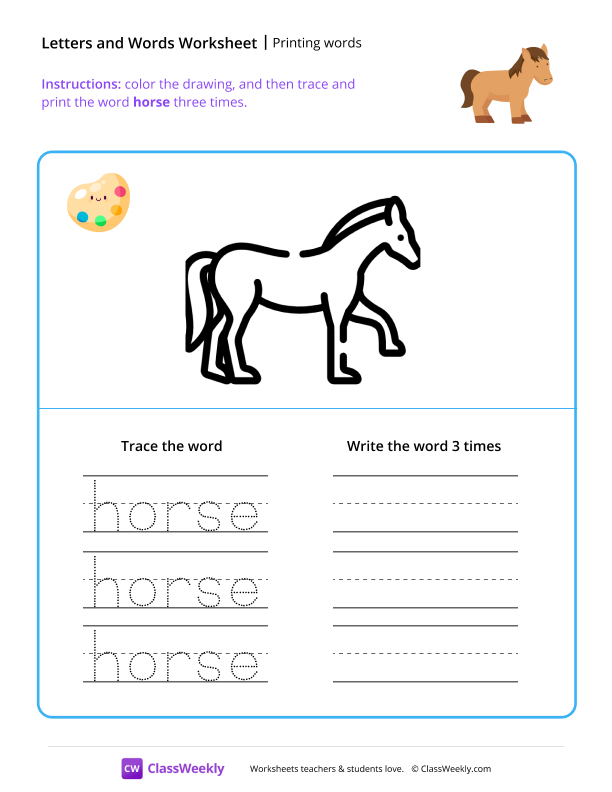 Printing words - Horse worksheet preview