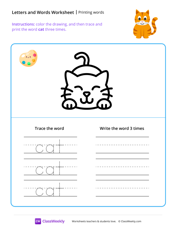 Printing words - Cat worksheet preview