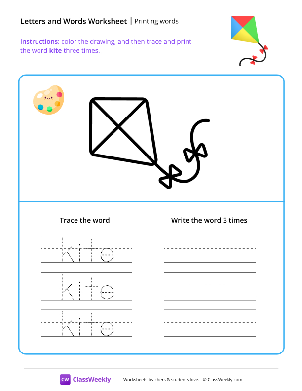 Printing words - Kite worksheet preview