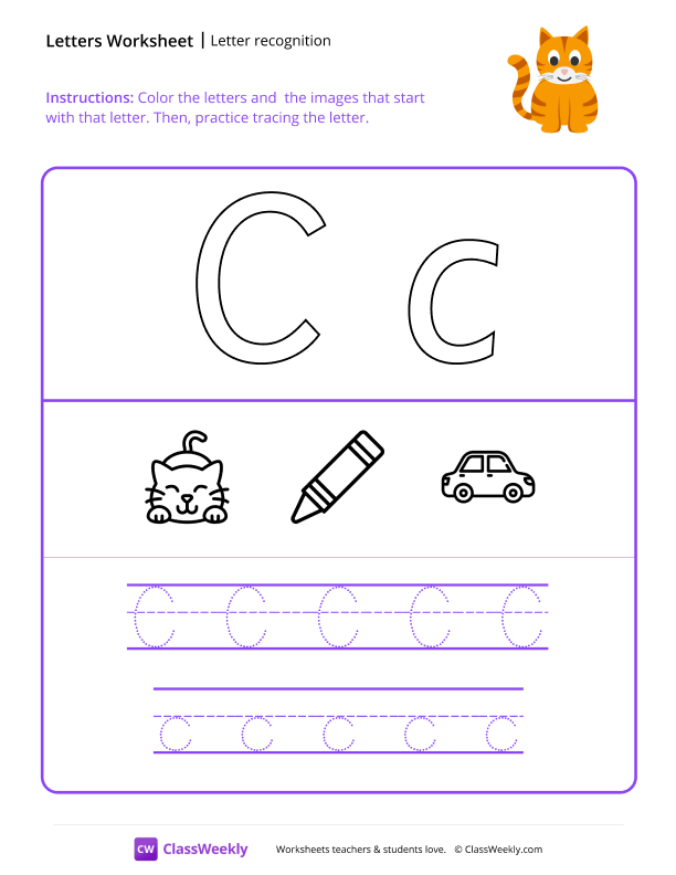 Letter Recognition (C) - Cat worksheet preview