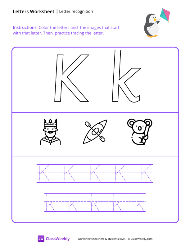 Letter Recognition (K) -Kite worksheet preview