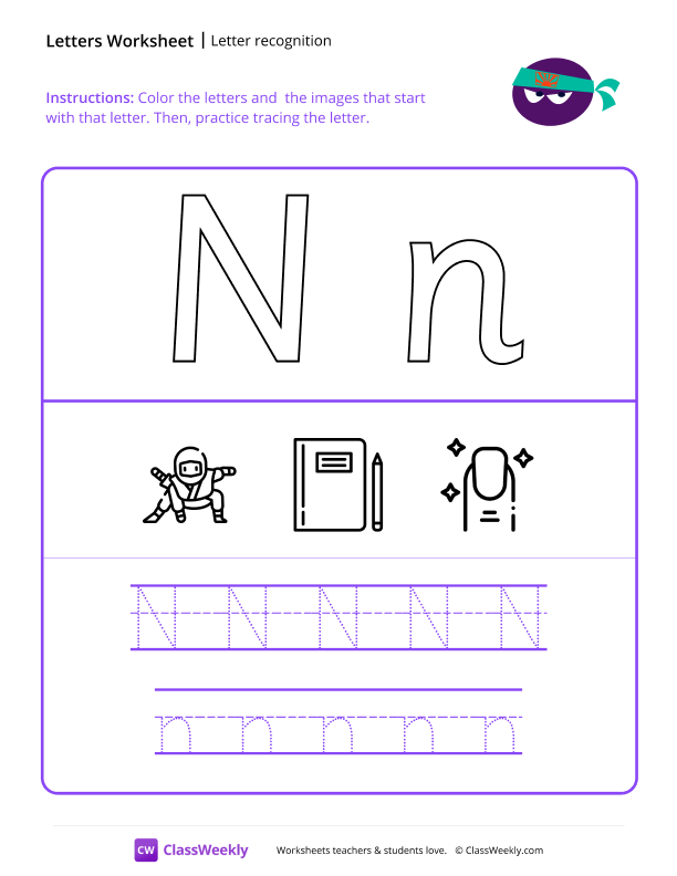 Letter Recognition (N) - Ninja worksheet preview