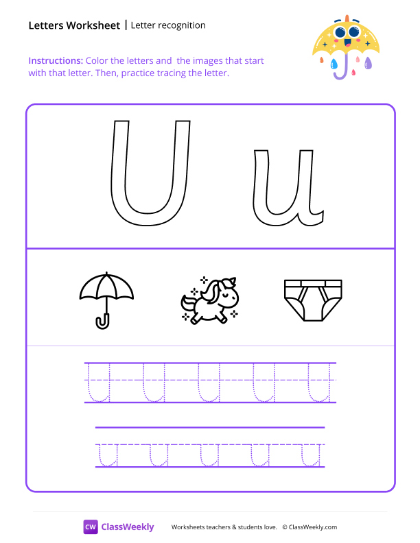Letter Recognition (U) - Umbrella worksheet preview