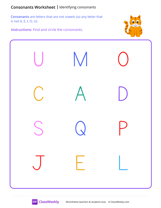 Identifying Consonants - Cat worksheet preview