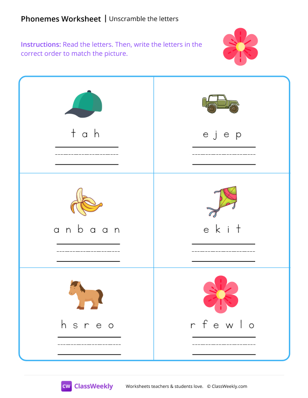 Unscramble The Letters - Flower worksheet preview