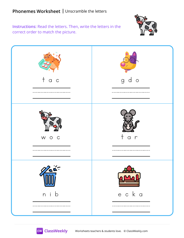 Unscramble The Letters - Cow worksheet preview