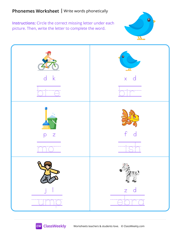 Write Words Phonetically - Bird worksheet preview