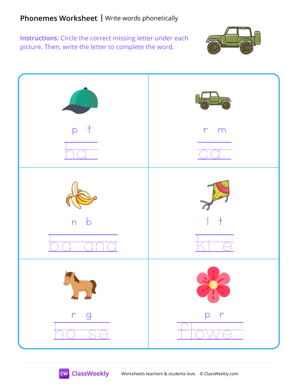 Write Words Phonetically - Jeep worksheet preview