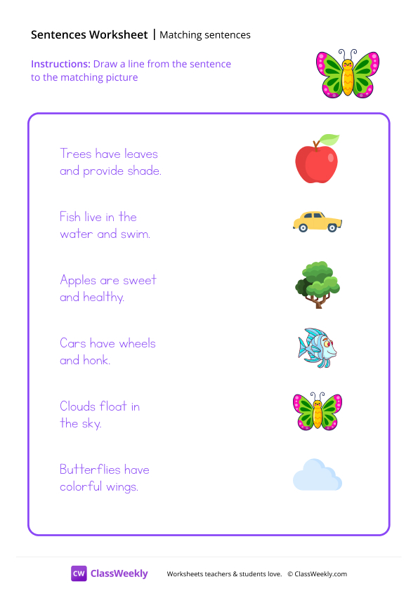 Matching Sentences - Colorful Butterfly worksheet preview