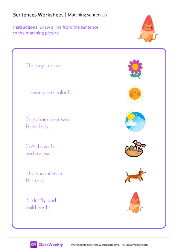 Matching Sentences - Pizza Cat worksheet preview
