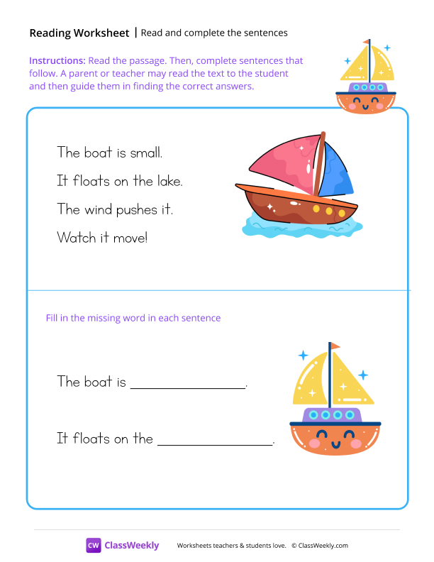 Read and complete the sentences - Boat worksheet preview