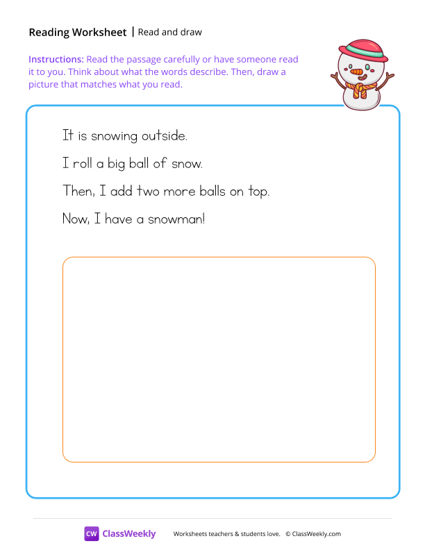 Read and draw - Snowman worksheet preview