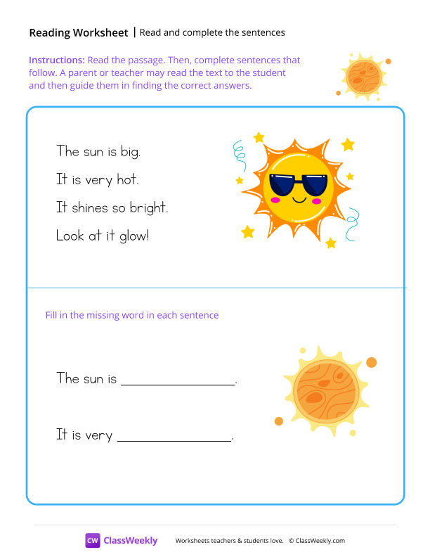 Read and complete the sentences - Sun worksheet preview