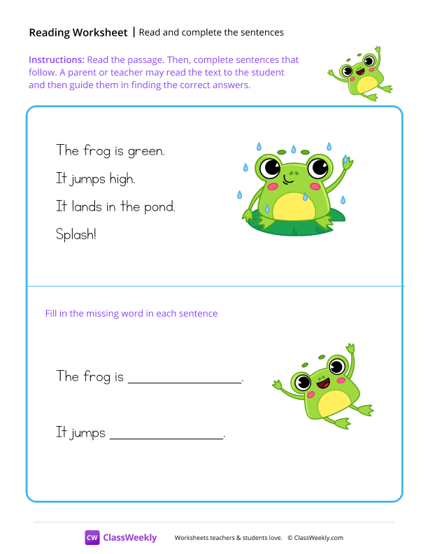 Read and complete the sentences - Frog worksheet preview