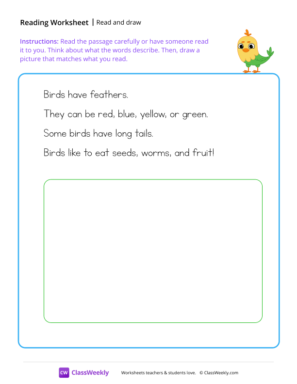 Read and draw - Birds worksheet preview
