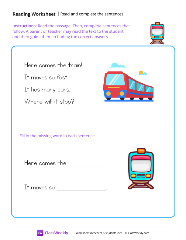 Read and complete the sentences - Train worksheet preview