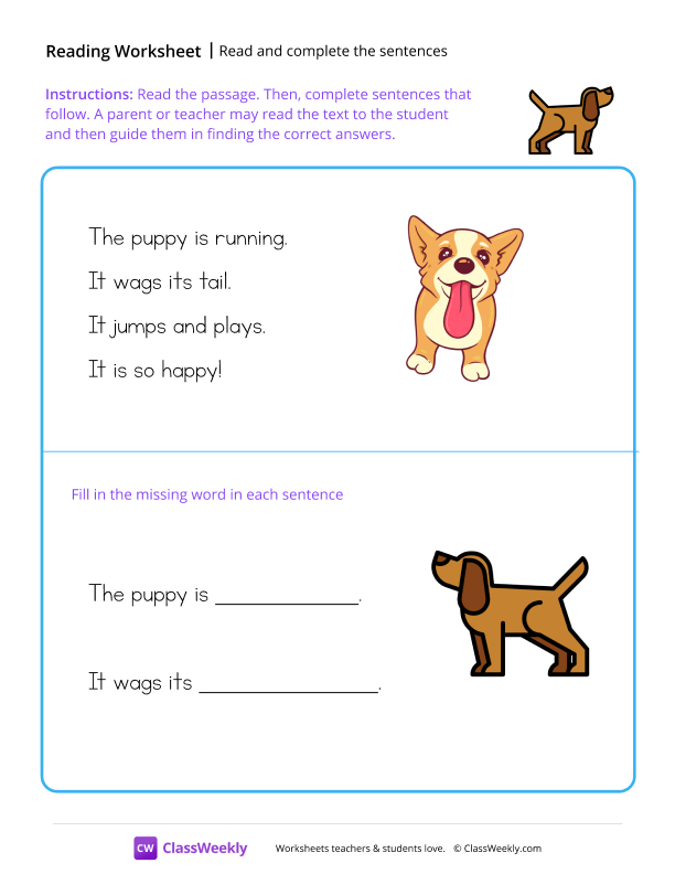 Read and complete the sentences - Puppy worksheet preview
