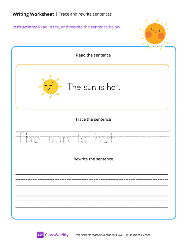 Read, trace and rewrite the sentence - Sun worksheet preview