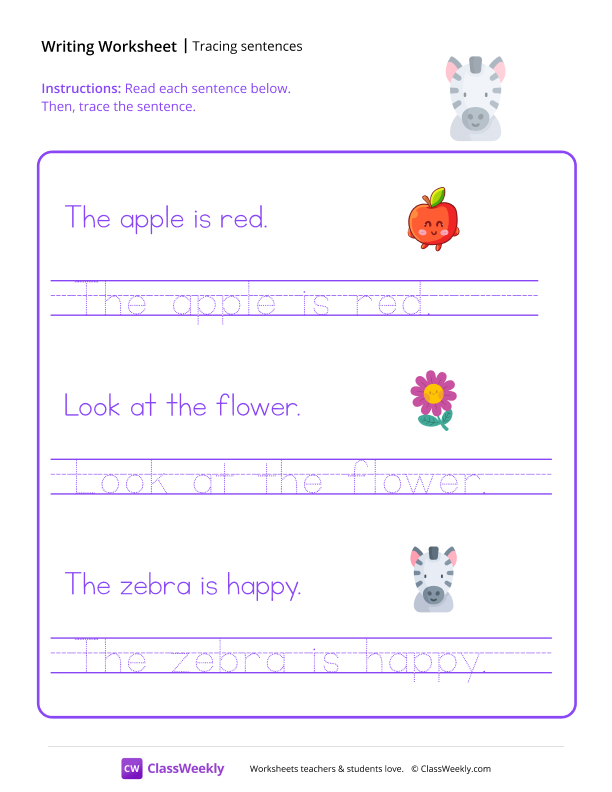 Tracing Sentences - Zebra worksheet preview