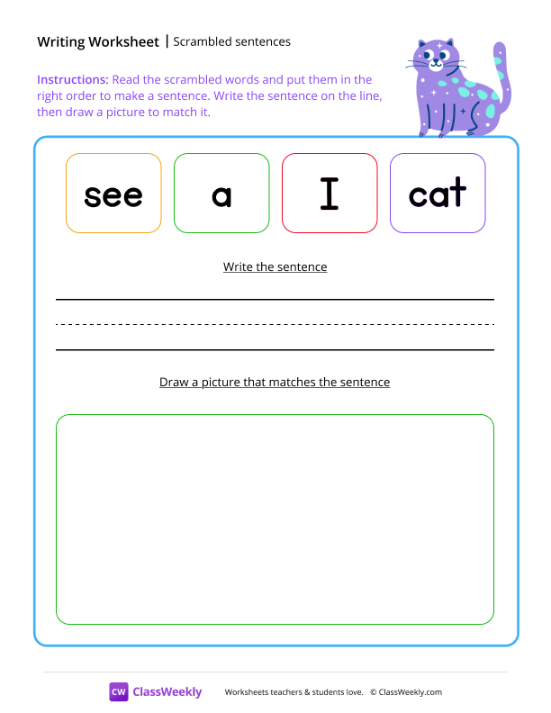 Scrambled sentences - Cat worksheet preview