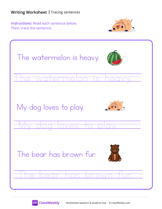 Tracing Sentences - Upside Down Pup worksheet preview