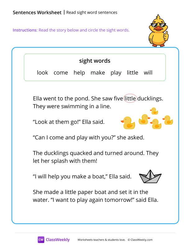 Read sight word sentences - Duckling worksheet preview