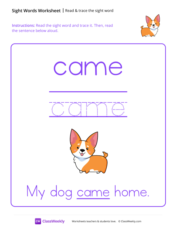 Read & trace the sight word - Came worksheet preview