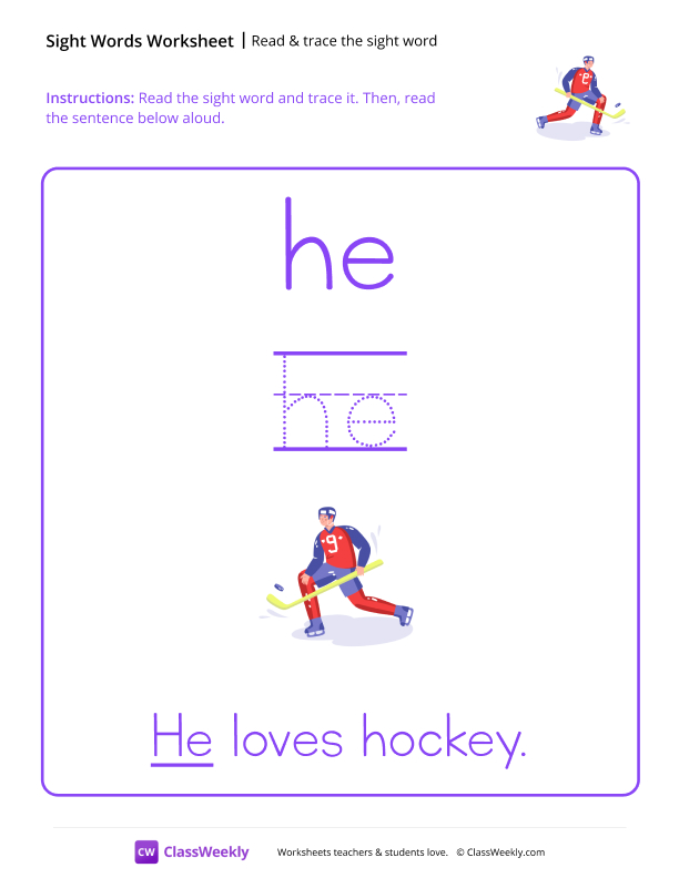 Read & trace the sight word - He worksheet preview