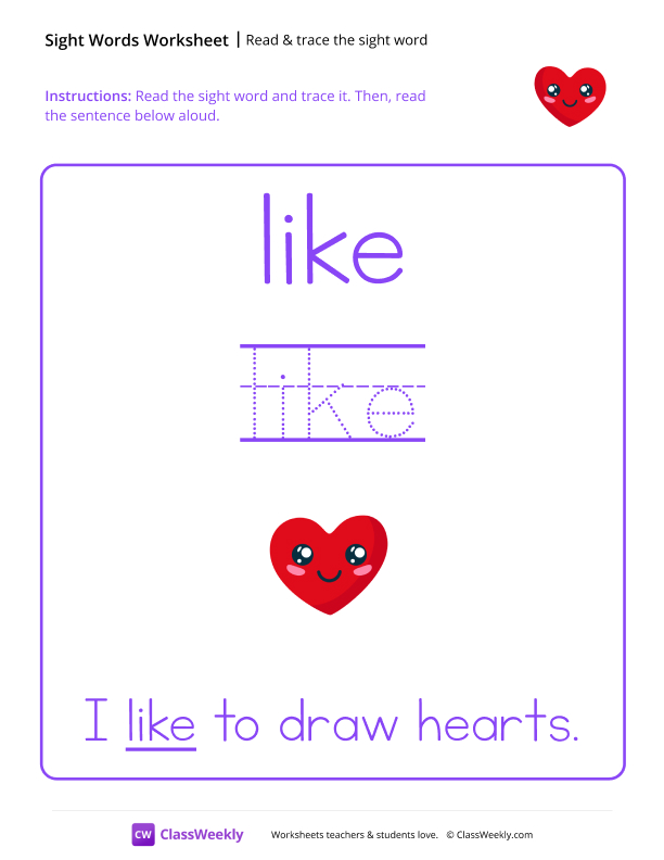 Read & trace the sight word - Like worksheet preview
