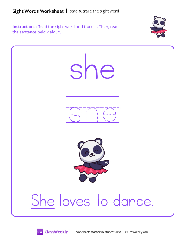 Read & trace the sight word - She worksheet preview