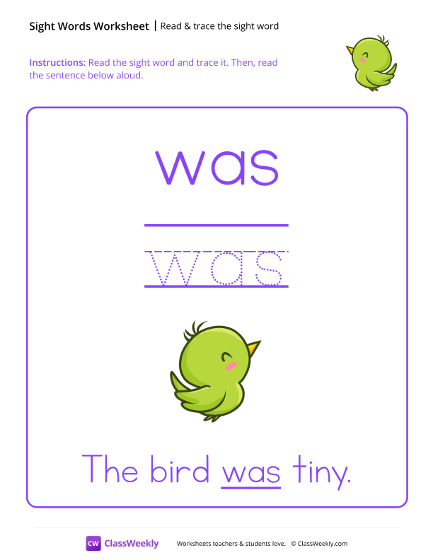 Read & trace the sight word - Was worksheet preview