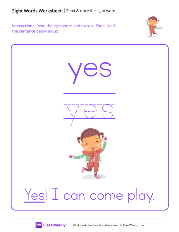 Read & trace the sight word - Yes worksheet preview
