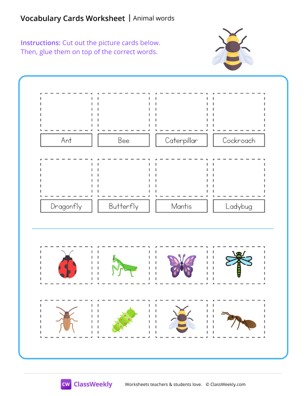 Animal words - Bee worksheet preview