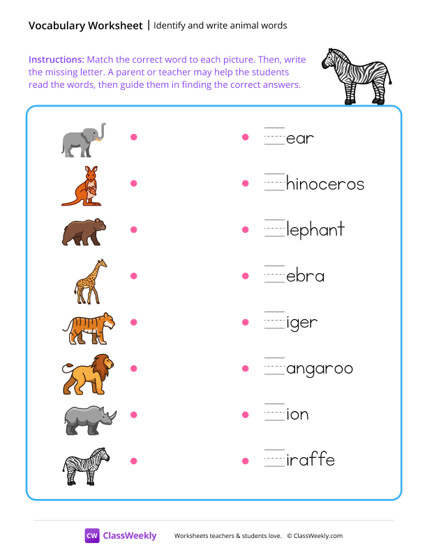 Identify and write animal words - Land animals worksheet preview