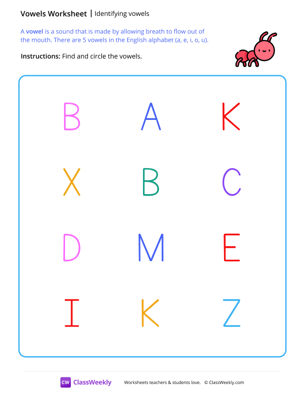 Identifying Vowels - Ant worksheet preview