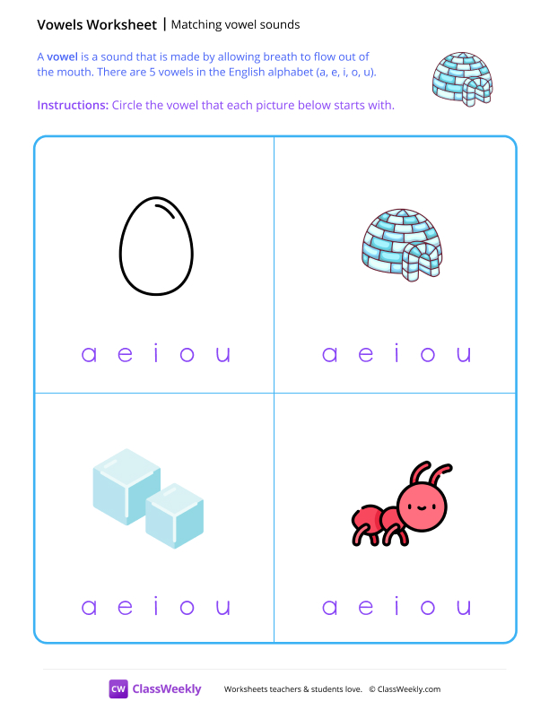 Matching Vowel Sounds - Igloo worksheet preview