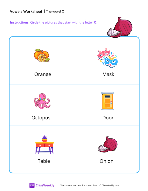 The vowel O - Onion worksheet preview