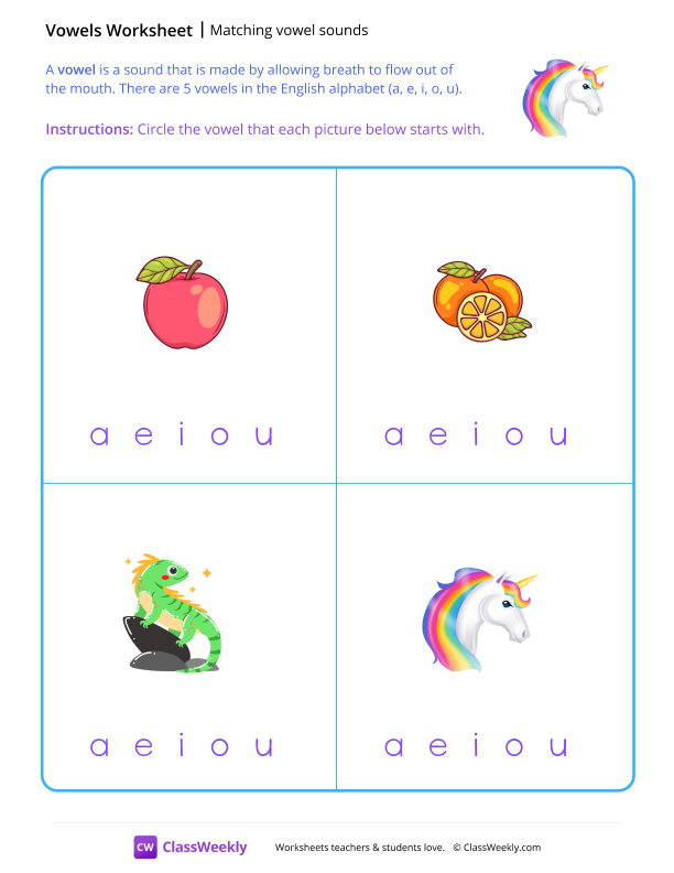 Matching Vowel Sounds - Unicorn worksheet preview