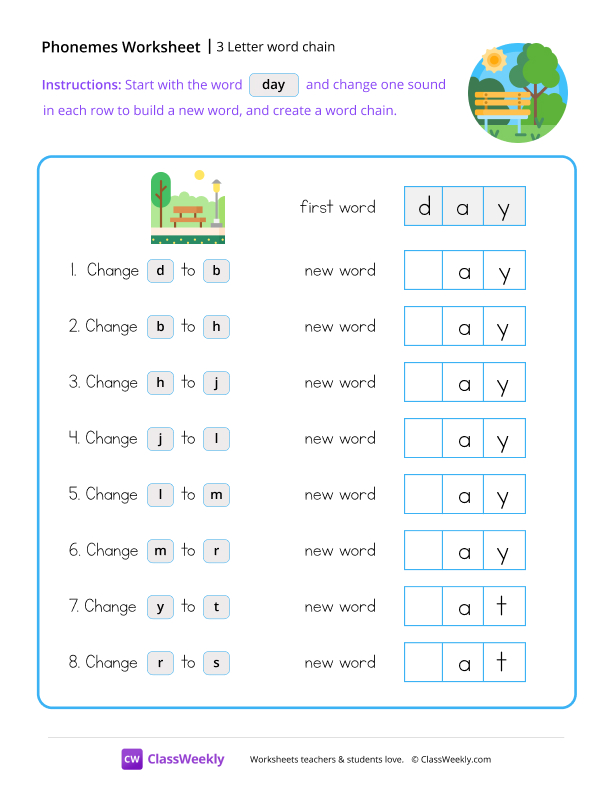 3 Letter Word Chain - Day worksheet preview