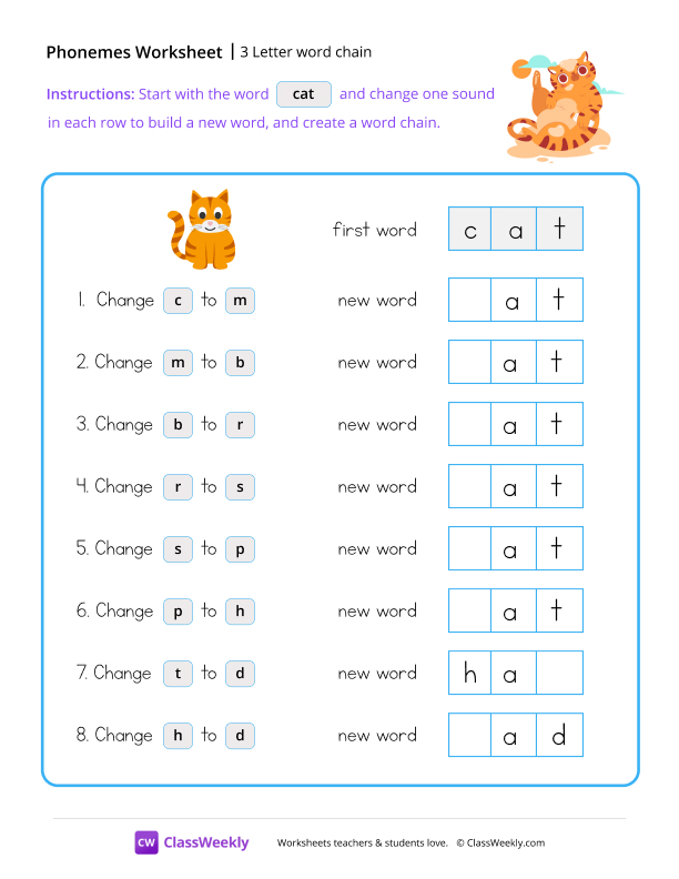 3 Letter Word Chain - Cat worksheet preview