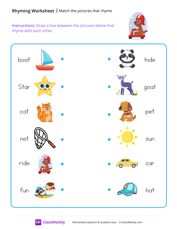 Match the pictures that rhyme - Riding Pup worksheet preview