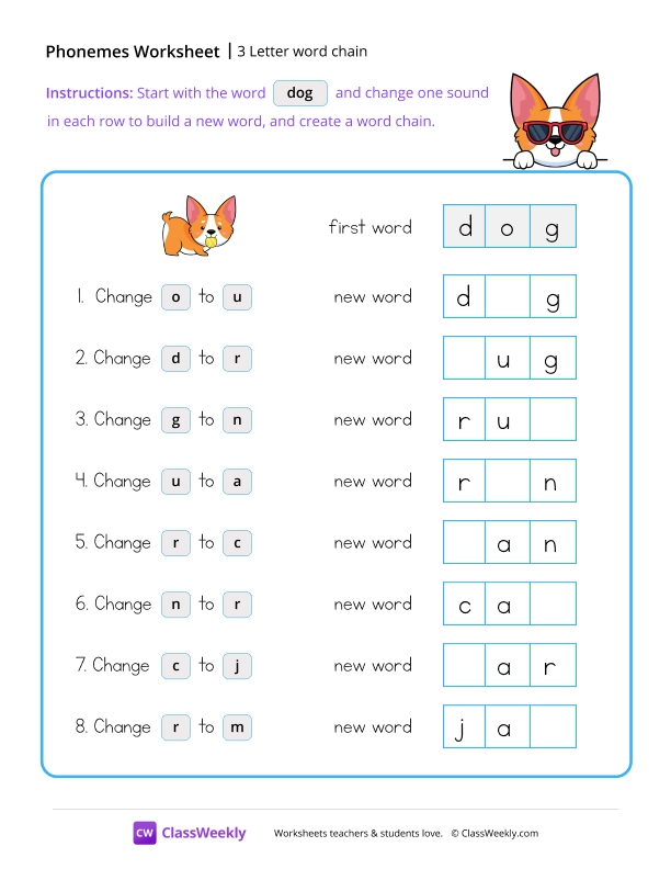 3 Letter Word Chain - Dog worksheet preview