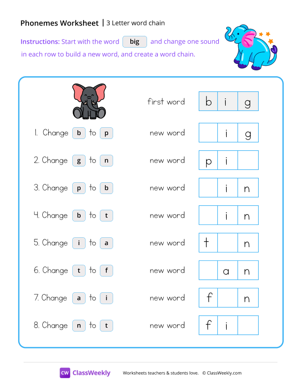 3 Letter Word Chain worksheet preview