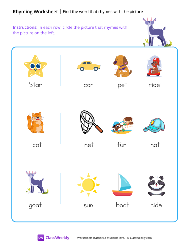 Find the word that rhymes with the picture worksheet preview