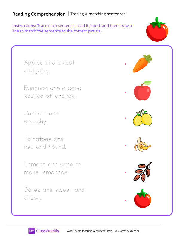 Trace and Match - Tomato worksheet preview