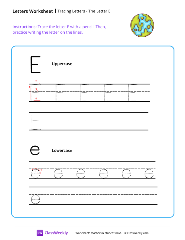 Tracing Letters - The Letter E worksheet preview